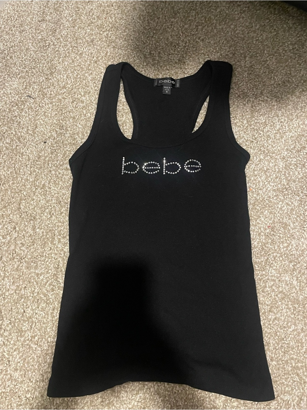 bebe Black Crystal Logo Racerback Tank